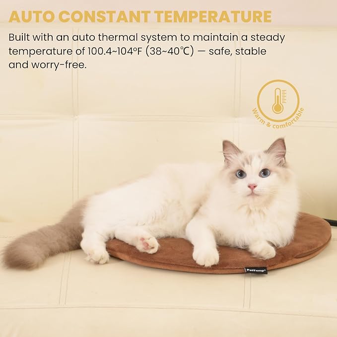 Pet Heating Pad for Cats Dogs Indoor & Sheltered Outdoor Waterproof Heated Cat Bed Heated Dog Bed Chew Resistant Cord Constant Temperature Brown Round 16 Inch