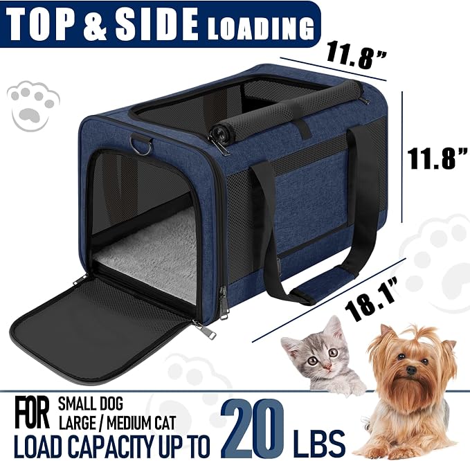 GAPZER Large Cat Carrier Soft, Collapsible Travel Pet Carry Bag, Small Dogs | Large Cats up to 20 lbs+ Maine Coon, Top Load Transport Small Puppy Dog Crate, Chihuahua Mini Dog 10lbs, Sturdy Fabric Navy