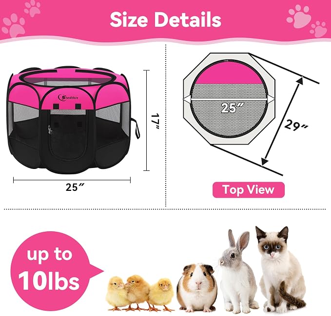 Siedihit Dog Playpen, Puppy Pet Playpens Indoor for Small Dogs Tent Crates | Cage Indoor/Outdoor, Portable Pop Up Dog Kennel Playpen with Carrying Case for Dogs/Cats/Rabbits, Hot Pink