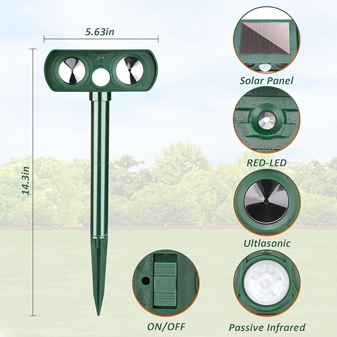 4 Pack Solar Ultrasonic Animal Repellent Outdoor Deer Repellent Devices Cat Repellent Motion Activated Raccoon, Dog, Deer Deterrent Waterproof for Yard, Farm, Garden