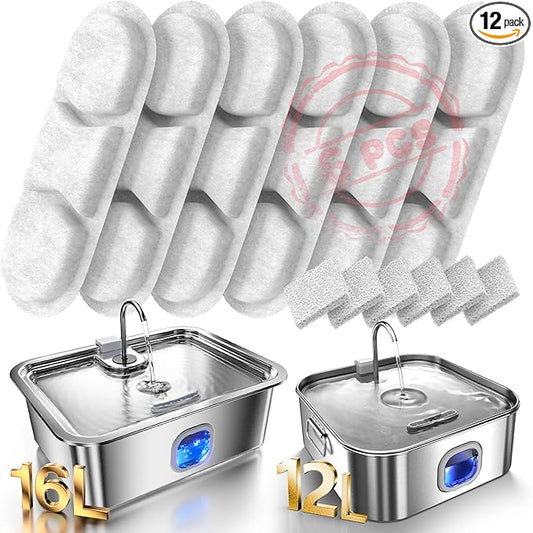 Dog Water Fountain Stainless Steel, 12L/16L Large Pet Water Fountain for Dogs, Dog Water Bowl Dispenser with Water Level Window & LED Light, Super Quiet for S-L Dogs and Multi-Pet (Filters)