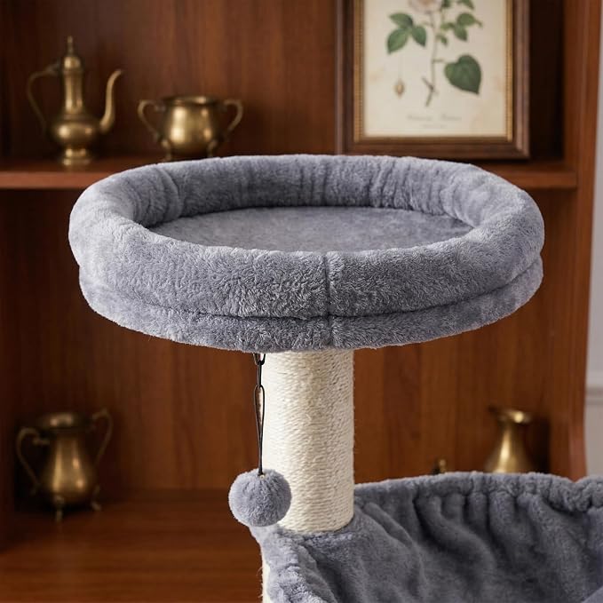 Multi-Level Cat Tree for Indoor Cats, Cat Tree Tower with Big Cat Hammock and Self-Grooming Brush, Cat Tower with Scratch Ladder, Indoor Climbing Activity Tower with Scratching Posts, Grey