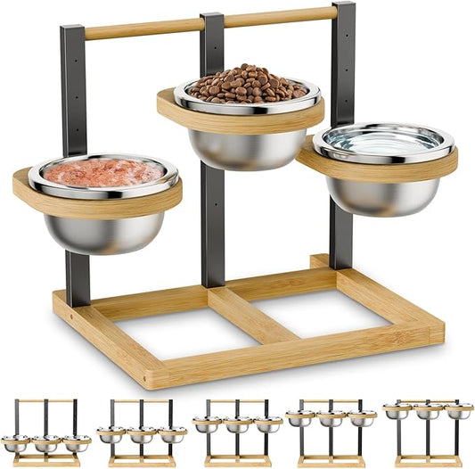Elevated Dog Bowl,Bamboo Raised Dog Bowl,5-Height | Adjustable Dogs Food Bowls Stand,Dog Feeding Station with 3 Food and Water Bowls for Medium,Large Dogs