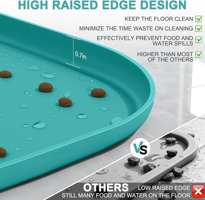 SMILOOL Waterproof Silicone Pet Food Mat with Raised Edge for Dog & Cat | 12" x 12" Non-Slip Small Pet Feeding Mats with Lip for Food & Water Bowl, Food Grade, Easy Cleaning, Dark Turquoise