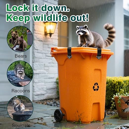 Trash Can Lock Straps 2 PCS, Adjustable Sturdy Outdoor Garbage Can Lid Lock Bungee Cords, Universal Waste Bin Security Straps for Dogs, Raccoons, Squirrels & Outdoor Critters