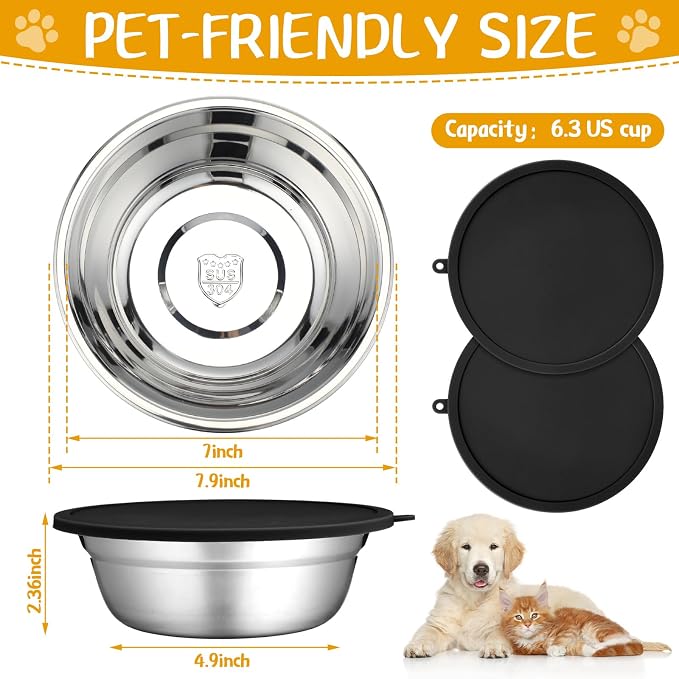Patelai 4 Pcs Stainless Steel Dog Bowls 7.9" with Silicone Lids Portable Food and Water Dishes for Pets Sealable Containers for Small Medium Dog Cat Indoor (Black)