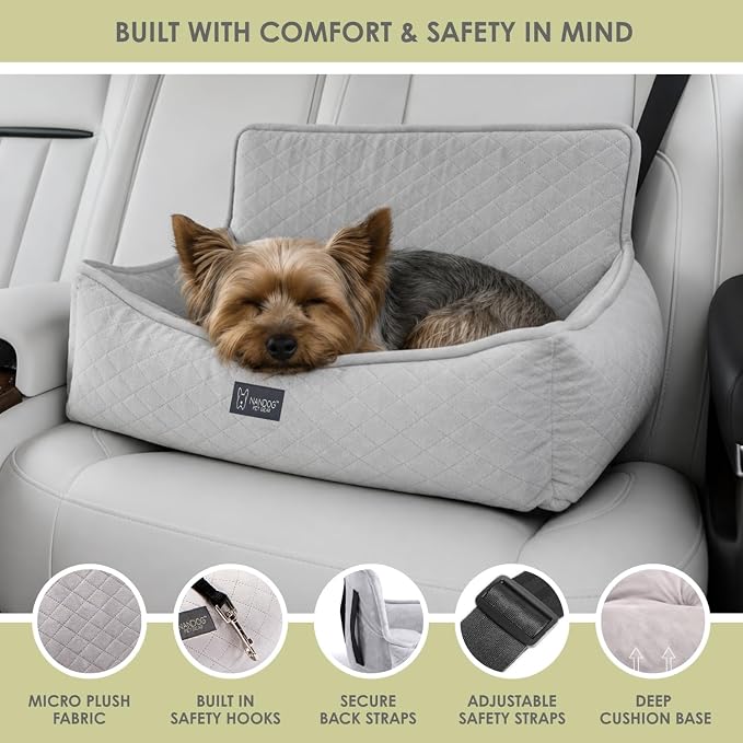 NANDOG Luxury Dog Car Seat Bed for Small Dogs, Soft Micro Plush Pet Seat with Removable & Washable Cushion Insert, Thick Safety Seatbelt Straps, Secure Travel Carrier, Light Grey, 20" L x 16" W