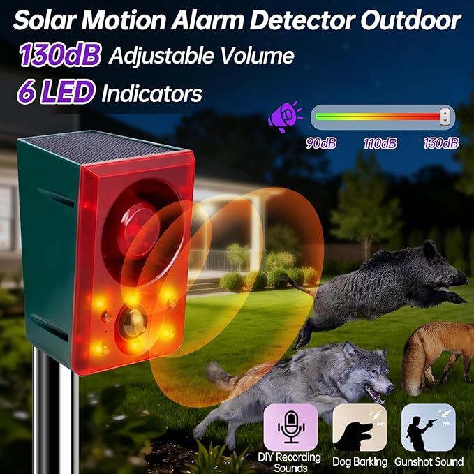 Solar Motion Sensor Alarm Outdoor,Dog Barking/Gunshoot,with Remote Control,Support Recording,130 Loud Noise Maker,±Volume,6LED Strobe Lights and USB,Say Goodbye to Intruders,for Villa,Yard,Farm,Barn
