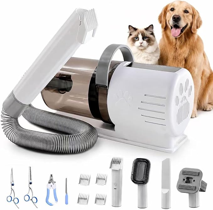 Pet Grooming Kit with Vacuum, 12000Pa Suction, Hair Clipper, 7 Tools | 12000Pa Strong Suction | 7-in-1 Grooming Tools | Hair Clipper & Deshedding Brush | Low Noise 50dB | 1.5L Large Capacity