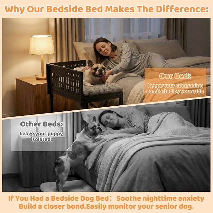 Beside Dog Bed,2 Panels Adjustable Height Dog Bunk Beds,26.8”x18.1” Metal Frame & Cushion, Converts to Bunk Bed or Bed Extension Attachment for Human Bed, for Small Dogs