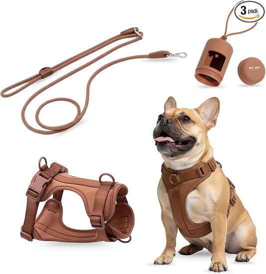 No Pull Dog Harness and Leash Set 3-in-1 Adjustable Anti Pull Dog Harness with Hands-Free Matching Leash,Poop Bag Holder,Easy Walk Dog Harness Small Sized Dog(Cocoa)