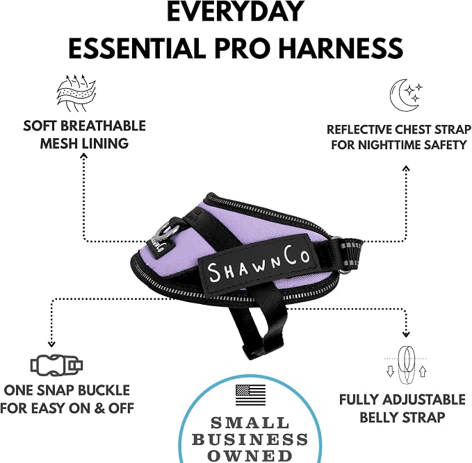 ShawnCo Essential Pro Dog Harness, No-Pull Pet Vest with Removable, Reflective Side Patches, Adjustable and Padded Harness for Small, Medium and Large Dogs (ICY Lilac, XS)