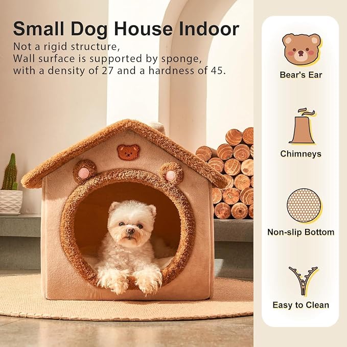 Dog House Dog Bed with Cover Cave with Non-Slip Bottom,Brown | M Size Tent Bed for 6-11 Lb Dogs and 9-17 Lb Cats,Cat Nest Puppy Cave,Dog Cave with Foldable