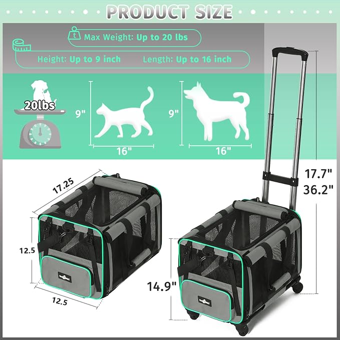 Paw Ballet Pet Carrier with Wheels, Durable Airline Approved Cat Crate, Foldable Rolling Dog Carrier, Rolling Bag for Cat &Dog, Use for Travel, Outdoor, Vet Visits, Camping, Indoor.