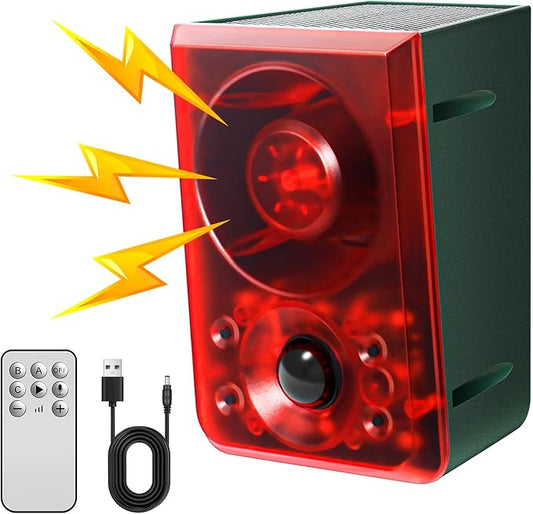 Solar Outdoor Motion Sensor Alarm - Dog Barking & Gunshot Sound, Support Recording and Volume Adjustment, 130dB Noise with Flashing Light to Deter Raccoon, Deer, Skunk, Bear, Coyote