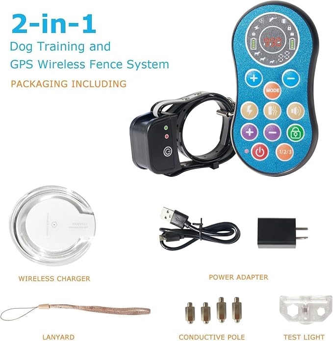 DOTSTAR Wireless GPS Dog Fence Training Collar Pet 2 in 1 System, Adjustable Range Dog Wireless Fence 50-990 Feet, GPS Wireless Charging Dog Fence, Fully Sealed Waterproof Collar Receiver