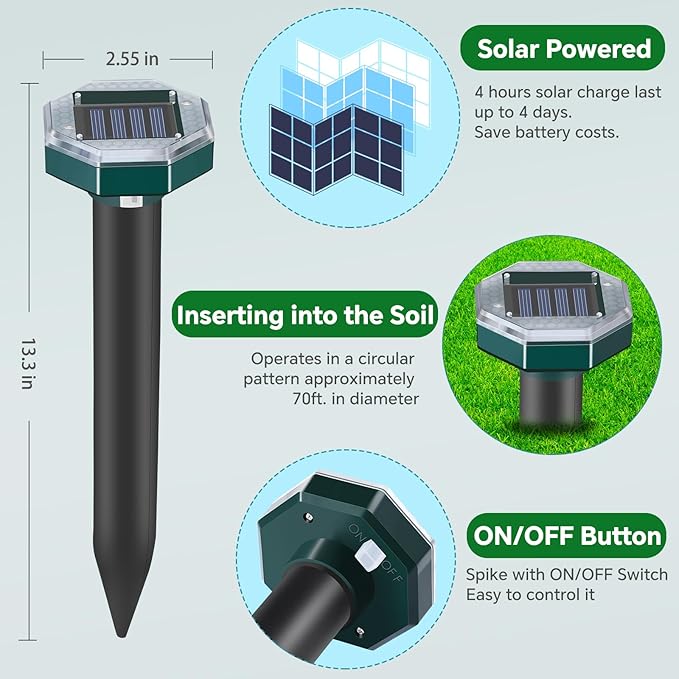 Mole Repellent Solar Powered - Ultrasonic Mole Repeller, Snake Repellent for Yard, Groundhog Skunk Vole Gopher Repellent for Lawn Yard Garden