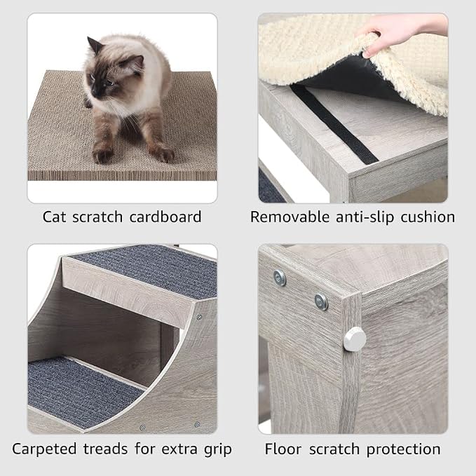 unipaws Pet Bunk Bed with Removable Step for Dog and Cat, Window Perch Seat | Multi-Level Bed with Cushion and Cat Scratch Pad, Indoor Use, Grey