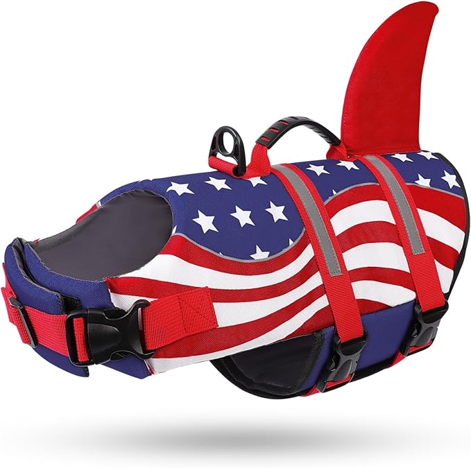 Shark Dog Life Vest for Swimming, Pet Life Vests for Boating, High Buoyant DogLife Jacket, Ripstop High Flotation Swimsui for Small, Medium, Large Dogs (USA Flag,XXL)