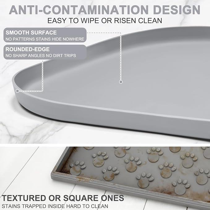 SMILOOL Waterproof Silicone Pet Food Mat with Raised Edge for Dog & Cat | 36" x 24" Non-Slip Large Pet Feeding Mats with Lip for Food & Water Bowl, Food Grade, Easy Cleaning, Light Gray