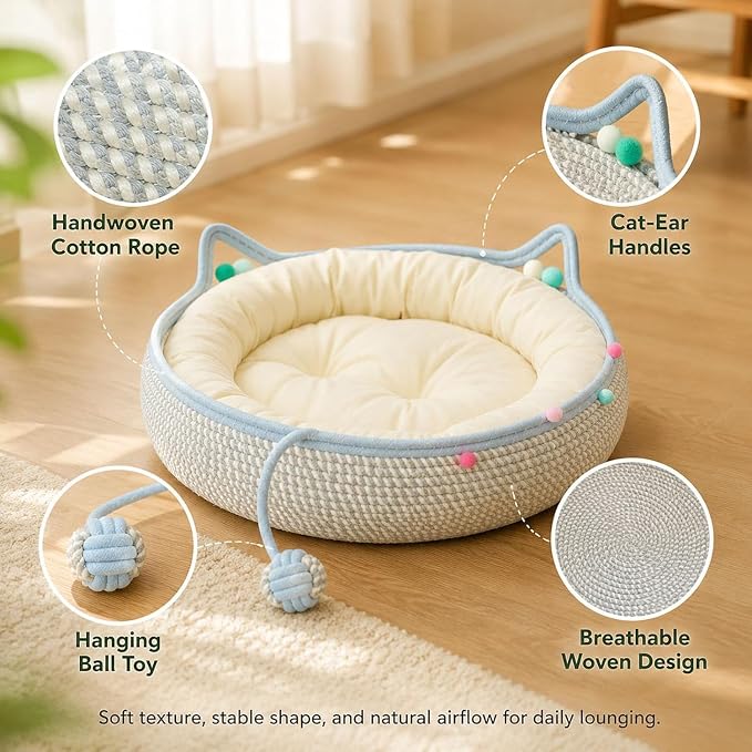 Handwoven Cotton Rope Cat Basket Bed with Hanging Ball Toy (Pink, Medium) | cat bed, woven cat basket, kitten bed, small dog bed, cat toy ball, all season pet bed, washable cat cushion