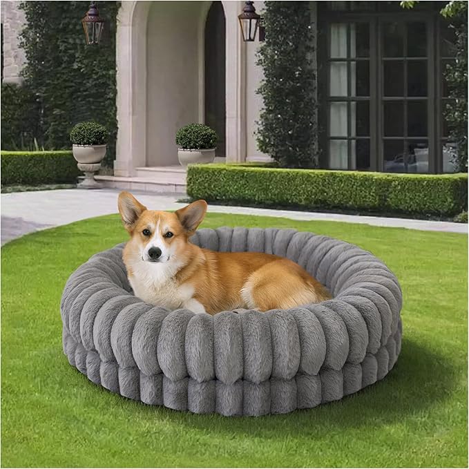 BALANCE Luxury Donut Dog Bed, 30 Inches Round Dog Bed Medium Size Dogs Washable, Orthopedic Calming Dogs Bed for Pets with Anti-Slip Bottom, Gray