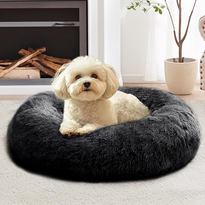 JOLLYVOGUE Calming Small Dog & Cat Bed for Indoor Cats - 20 inches Washable Donut Bed for Kittens & Puppies, Anti-Anxiety Round Fluffy Plush Pet Beds (Fits up to 15 lbs, Black)