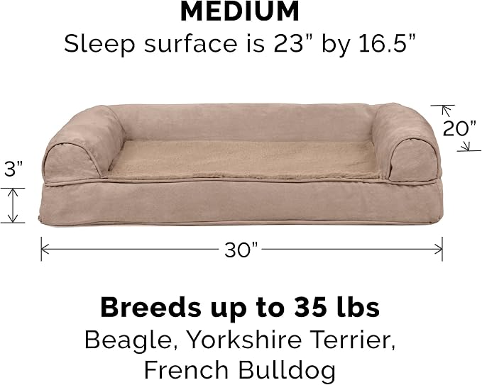 FurHaven Orthopedic Foam Sofa Dog Bed with Washable & Removable Cover - Plush/Suede - Almondine, Dogs Up to 35 lbs - Medium