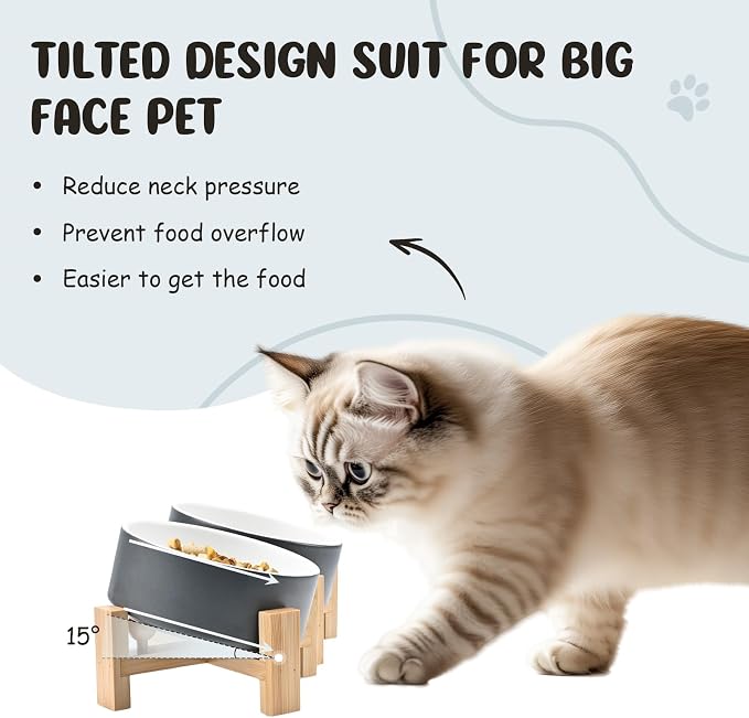 SPUNKYJUNKY 15° Slanted Ceramic Dog and Cat Bowl with Wooden Stand, Tilted Bulldog Food and Water Bowl No Slip Non-Spill for Cats Medium Dogs Big Face Pets 13.5 OZ (1.7 Cups, White-Grey × 2)