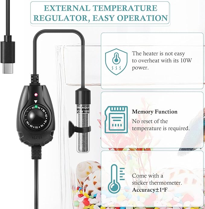 FEDOUR Mini Type-C Aquarium Heater, Small Adjustable Heater with External Controller for up to 2.5Gallon Small Fish Tank, Nano Fish Tank Heater, Betta Heater for Fish Bowls