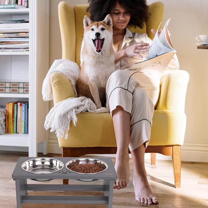 HTB Elevated Dog Bowl Stand with 2 Stainless Steel Bowls-7" H Medium Grey | Raised Dog Bowl Stand, 7"tall, 29 Oz Bowls, for Medium Sized Dogs, Pet-safe, Solid Bamboo