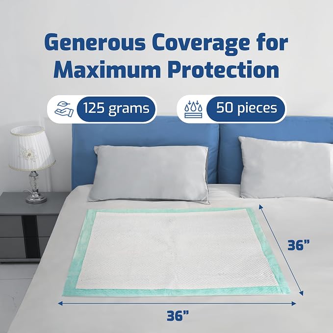50 Pack Adhesive Disposable Bed Pads for Adults 125 Gram - 3XL 36"x36"Non Slip Chucks Pads Disposable Adult, Incontinence Bed Pads - Disposable Underpads, Waterproof Heavy Duty Pee Pads for Adults