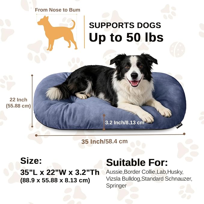 Washable Oval Large Dog Bed, Silver-Tipped High-Resilience, Dusty Blue | Non-Slip Bottom Prevents Sliding, Soft Plush Short Fur, Machine Washable, Ideal for Crates/Apartments/Cozy Nooks,35"x22"x3.2"