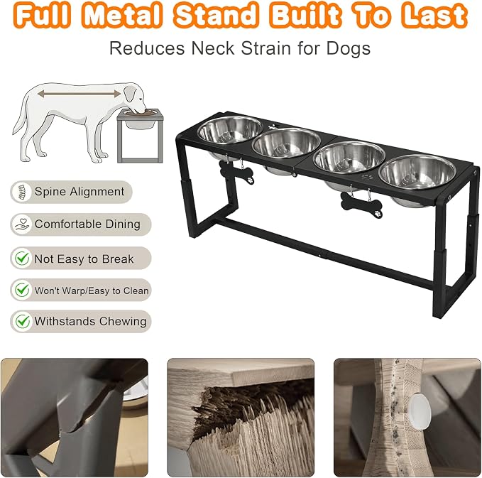 Metal Elevated Dog Bowls for Medium/Large Breed, 3 Adjustable Height(8.8"/11.5"/14") Raised Dog Bowls Stand with Four 58oz Stainless Steel Bowls, for Neck & Joint Protection