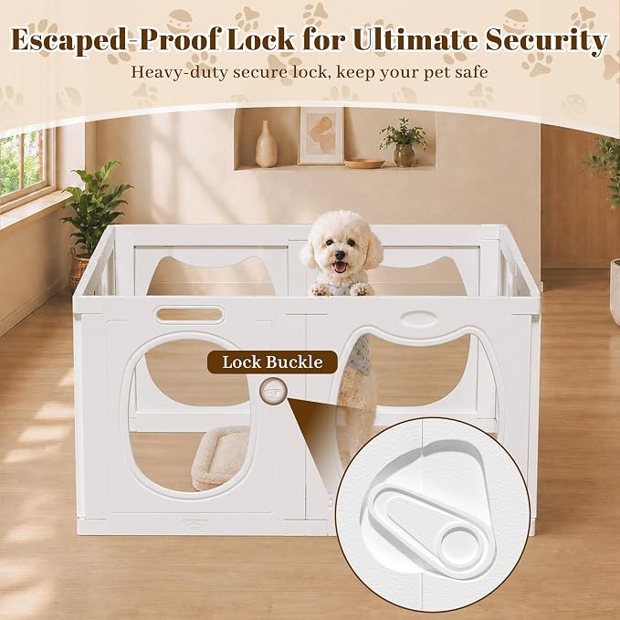 Clear Acrylic Dog Playpen Indoor with Toy & Door (24" H, 8 Panels, White) | Transparent Puppy Playpen for Dogs, Cats, Rabbits or Small Pets, Indoor Modern Dog Play Pen for Home, Easy Clean & Assemble