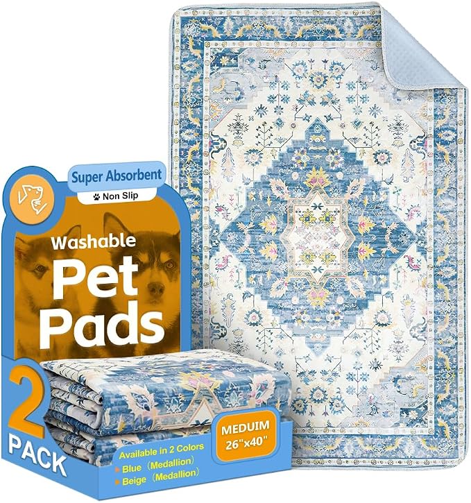 Washable Pee Pads for Dogs, 2 Pack Reusable Puppy Training Pads 40"x26" Super Absorbent Waterproof Dog Training Pads, Non-Slip Potty Pads, Whelping Pads Litter Mat Blue Medallion