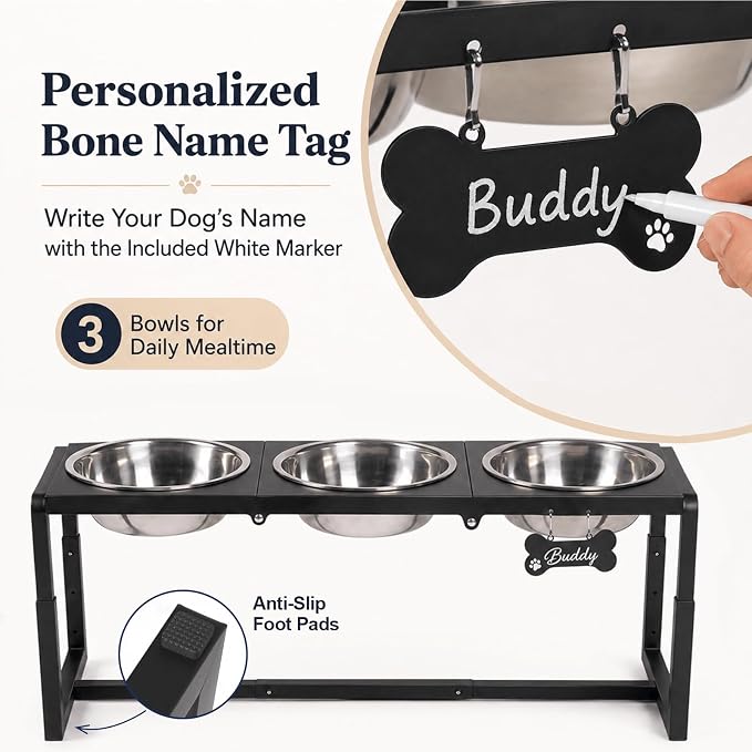 Metal Elevated Dog Bowls, Raised Dog Bowls for Large/Extra-Large Breeds with 3×111oz Stainless Steel Bowls, 3 Adjustable Height Stand for Water & Food, Protect Neck & Joints