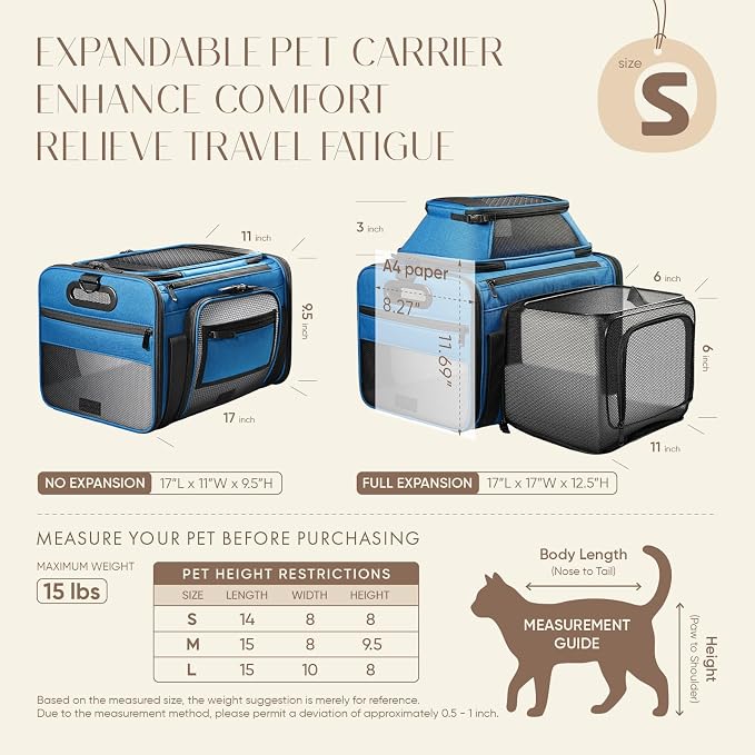 Top-Side Expandable Pet Carrier, Treat Window,17x11x9.5 Airline Approved | for Alaska Hawaiian, Soft-Sided Cat Carrier, Anti-Scratch Mesh, Lockable Zippers,Dog Carrier for Kitten,Rabbit,Puppy, Blue