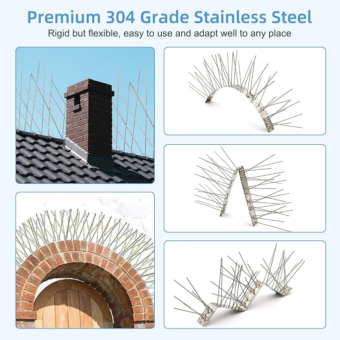iFealClear 10 Pack Metal Bird Spikes for Keeping Small Birds, Woodpeckers, Squirrel Away, Heavy Duty Pigeon Spikes with Stainless Steel Base Cover 10.86 Feets for Outdoor Wall Fence, Easy to Install