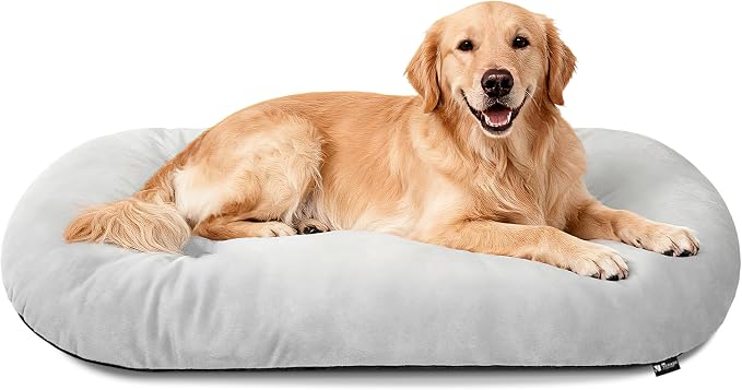 Washable Oval X-Large Dog Bed, Silver-Tipped High-Resilience, Light Gray | Non-Slip Bottom Prevents Sliding, Soft Plush Short Fur, Machine Washable, Ideal for Crates/Apartments/Cozy Nooks,41"x27"x3.6"