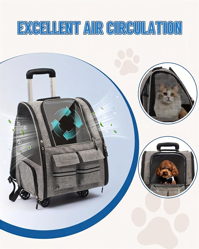 Rolling Pet Carrier with Wheels, Polyester, Soft-Sided Collapsible, Large, Travel, with Telescopic Handle and Folding Bowl (Purple Wheeled Carrier Set)