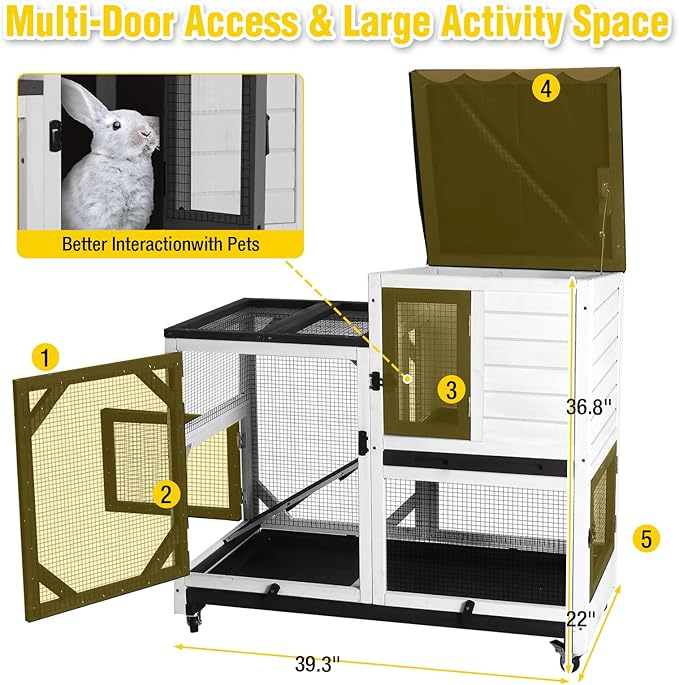 Aivituvin 2-Story Large 39.3" Rabbit Hutch, Opening Roof Bunny Cage with Chew-Proof Ramp, Leak-Proof Tray and Locking Wheels, for 2-4 Rabbits (Black/White)