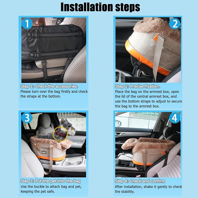 Pet Car Center Console Elevated Armrest Car Seat for Small Puppy, Dogs & Cats (Up to 10 lbs) – Dark Gray Washable Plush Carrier with Safety Leash, Fits Front Vehicle Console Space (Khaki)