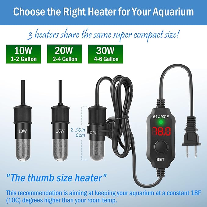 Super Mini Aquarium Heater 10W Betta Heater for 1-2 Gallon Tanks, Small Fish Tank Heater Turtle Heater with Dry-Run/Overheat Protection, Memory Function