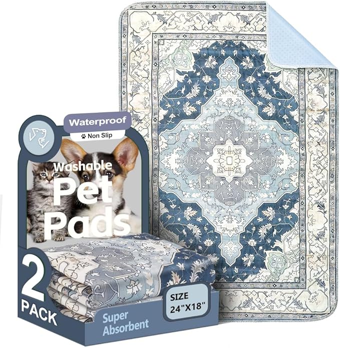 Washable Pee Pads for Dogs, 2 Pack Reusable Puppy Training Pads 24"x18" Super Absorbent Waterproof Dog Training Pads, Non-Slip Potty Pads, Whelping Pads Litter Mat Navy & Ecru