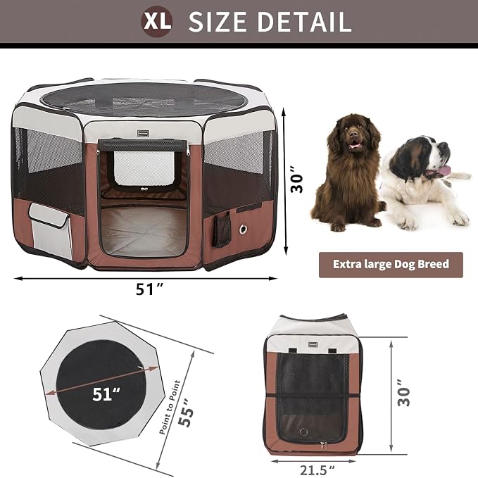 Dog Playpen 55" Portable Pet Play Pens for Medium Large Dogs, Foldable Exercise Kennel Tent Crate Indoor/Outdoor Travel Camping, Removable Top/Bottom (55"x55"x30"), 8