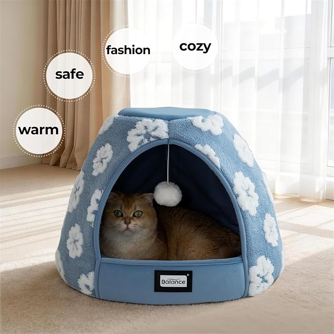 BALANCE Cat Beds for Indoor Cats, 2-in-1 Cat Bed Cave with Anti-Slip Bottom and Ultra-Soft Plush, Cozy Cats House Tent for Kittens and Small Dogs, 19 Inches, Blue