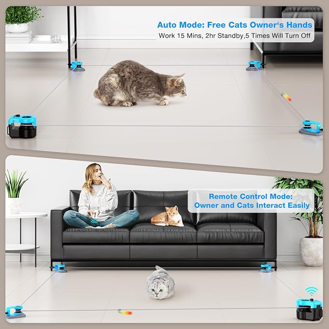Interactive Cat Toy for Indoor Cats, Auto/Remote Control DIY Cat Mouse Hunting Treadmill Keep Bored Kitten Puppy Entertained to Chase, Feather Toy to Exercise-Sky Blue