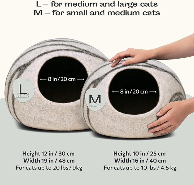 Cat Cave – Premium Felt Cat Bed for Indoor Cats, Handmade 100% Merino Wool (Light Grey, Medium) (Pack of 2)