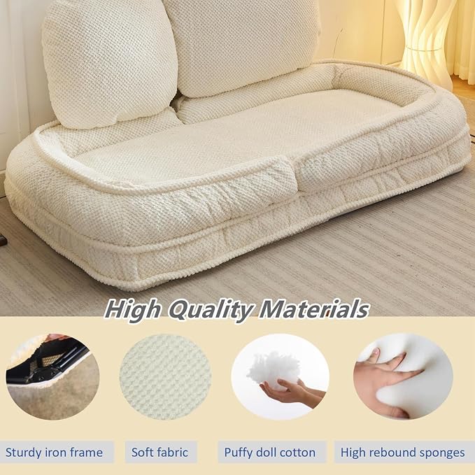 Foldable Lazy Sofa Bed with 5 Levels Adjustable Backrest, Beige | Comfy Upholstered Human Dog Bed for Adults and Pets, Lazy Floor Lounger with 2 Soft Cushions for Living Room Bedroom